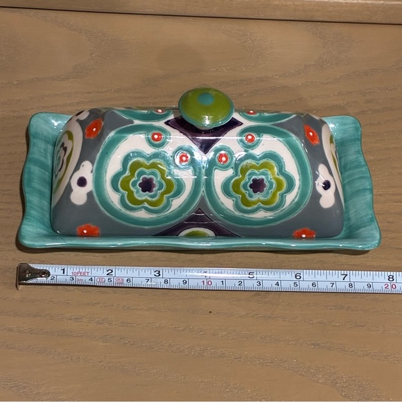 Anthropologie Okuno Handpainted Ceramic Butter Dish with Lid Boho Floral Pattern - Picture 4 of 5